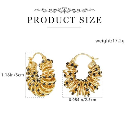 Statement Earrings for Women | Chunky Gold Hoops Rhinestone Thick Hoop Earrings 14K Gold Plated Hypoallergenic - color: Gold-Black