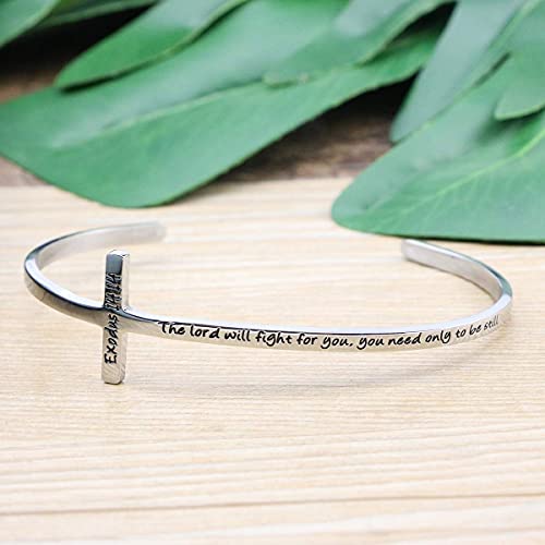 𝐂𝐫𝐨𝐬𝐬 𝐁𝐫𝐚𝐜𝐞𝐥𝐞𝐭 Religious Cuff Bangle 𝐁𝐢𝐛𝐥𝐞 𝐕𝐞𝐫𝐬𝐞 Christian Gifts Jewelry for 𝐖𝐨𝐦𝐞𝐧 - style: Silver cuff-The lord will fight for you, you need only to be still -Exodus 14:14