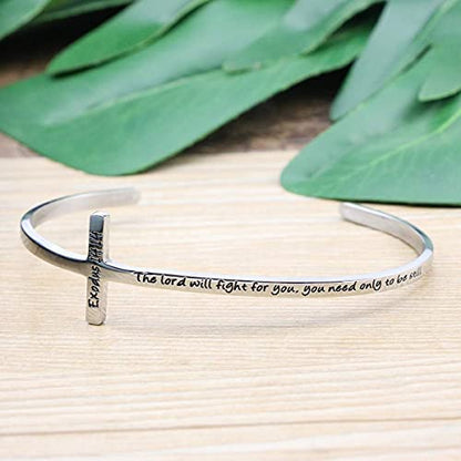 𝐂𝐫𝐨𝐬𝐬 𝐁𝐫𝐚𝐜𝐞𝐥𝐞𝐭 Religious Cuff Bangle 𝐁𝐢𝐛𝐥𝐞 𝐕𝐞𝐫𝐬𝐞 Christian Gifts Jewelry for 𝐖𝐨𝐦𝐞𝐧 - style: Silver cuff-The lord will fight for you, you need only to be still -Exodus 14:14