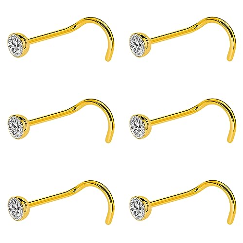 20G & 18G Nose Rings - Black, Silver & Gold Stainless Steel Studs & Screws - L Shaped & Bone Nose Rings Set - Clear CZ Nostril Piercing Jewelry - color: Gold: 3mm White CZ/ Nose Screw/ 18G/ 6Pcs