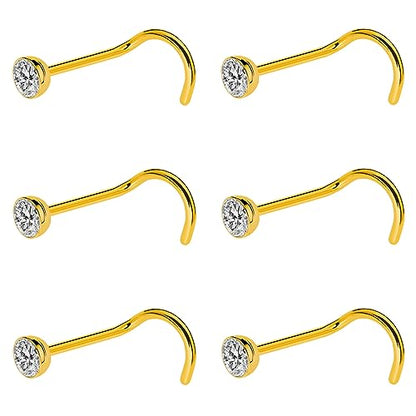 20G & 18G Nose Rings - Black, Silver & Gold Stainless Steel Studs & Screws - L Shaped & Bone Nose Rings Set - Clear CZ Nostril Piercing Jewelry - color: Gold: 3mm White CZ/ Nose Screw/ 18G/ 6Pcs