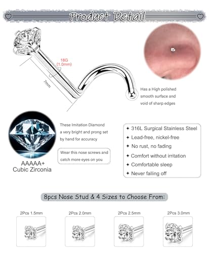 8Pcs Nose Rings Studs Set for Women Men: Hypoallergenic G23 Titanium/316L Surgical Stainless Steel Nose Studs, Nickel-free Lead-free L Shaped Corkscrew Nose Piercing Jewelry CZ 1.5mm 2mm 2.5mm 3mm - style: 8pcs 18G Silver - Stainless Steel