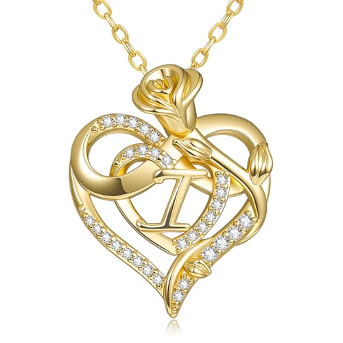 14k Gold Heart Initial Necklaces for Women, Dainty Letter Pendant Chain Necklace, Letter A to Z Initial Jewelry, Anniversary Birthday Gifts for Her Wife Mom Daughter - style: Letter I