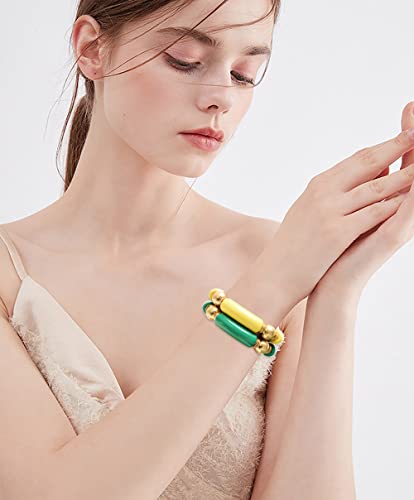 LALAPPLE Gold Plated Beaded Acrylic Bamboo Tube Bangle Bracelets for Women, Colorful Chunky Curved Tube With Gold Plated Pieces Beads Stretch Bracelet Friendship Summer Beach Jewelry - color: V-Grass green&Straw yellow 2pcs