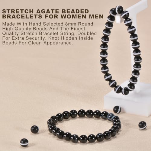 2PCS Agate Bracelet for Women Men Natural Round Beaded Agates Stone Healing Stretch Bracelets Elastic Handmade Polished Gemstone Beads Bracelet - color: Black White+Matte, size: 8mm Beads