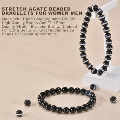 2PCS Agate Bracelet for Women Men Natural Round Beaded Agates Stone Healing Stretch Bracelets Elastic Handmade Polished Gemstone Beads Bracelet - color: Black White+Matte, size: 8mm Beads