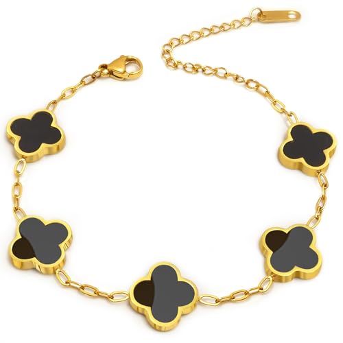 Four Leaf Clover Bracelet 18K Gold Plated Bracelets for Women Lucky Flower Design Stainless Steel Hypoallergenic Link Chain Adjustable Dainty Trendy Jewelry Gifts for Women - color: Black