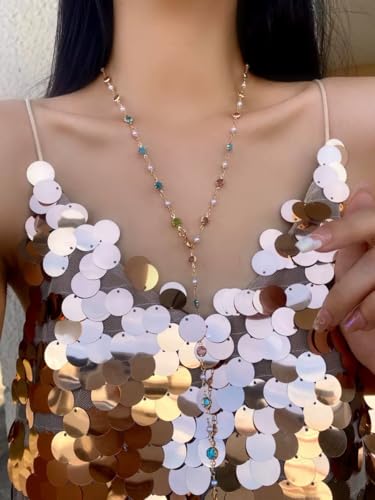 KURTCB Rhinestone Necklace for Women Boho Long Y Lariat Gold Necklace Stack Colorful Summer Beach Jewelry - color: Multi P