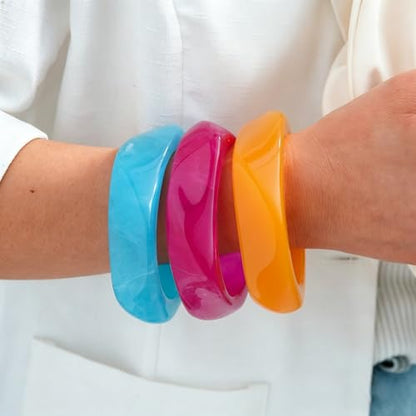 FAXHION Chunky Resin Acrylic Bangle Bracelets for Women, Colorful Wide Geometric Bangles Set, Statement Stackable Bracelet Jewelry Gift - color: Sky Blue