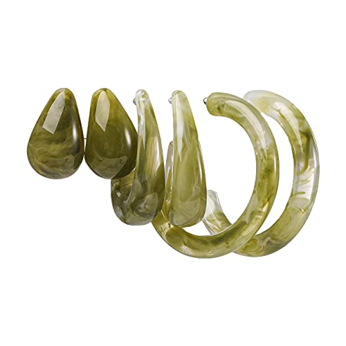 3Pairs Lightweight Minimalist Vintage Polished Teardrop Waterdrop C Shape Circle Round Cuff Acrylic Resin Hoop Earrings Colorful Thick Chunky Wide Thin Acetic Acid Earrinsg Set for Women - color: B green