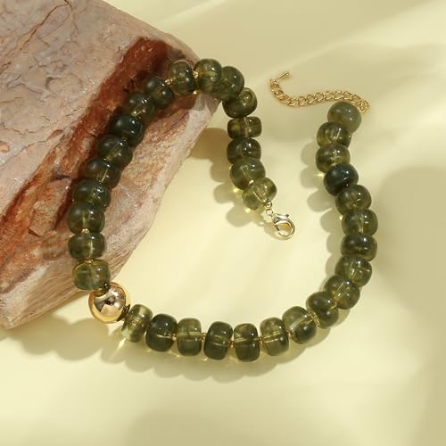 Badu Colorful Chunky Beaded Choker Necklace, Acrylic Colorful Bead Statement Necklaces, Adjustable Summer Beach Jewelry Gift for Women - color: Olive Green