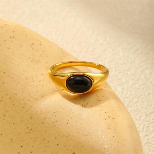 HIJONES Women's Stainless Steel Oval Opal Gemstone Dome Stacking Signet Ring Charming Wedding Jewelry - color: Black Stone