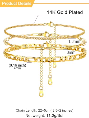 U7 2Pcs/3Pcs Ankle Bracelets for Women, Stainless Steel Cuban Link/Figaro/Rope/Heart Chain Anklets Sets,Waterproof Layered Anklets Adjustable 8.5"-10.5" - color: 05.3Pcs Style C-Gold