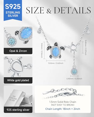 925-Sterling-Silver Sea Turtle Necklace for Women - Opal Turtle Pendant with Shell Bithday Mother's Day Christmas Ocean Theme Jewelry gift for Mom and Daughter