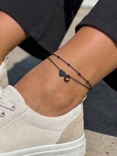 Ankle Bracelets for Women Waterproof 14K Gold/Silver/Black Initial Anklet for Women Dainty Layered Heart Ankle Bracelets Stainless Steel Adjustable Foot Chain Anklet Summer Beach Jewelry - color: C-Black
