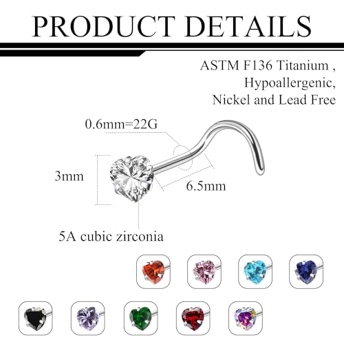 ASTM F136 Titanium Nose Rings 18G 20G 22G Mix Color Heart Cubic Zirconia Nose Studs Ring Screw L-Shaped Bone Hypoallergenic Body Piercing Jewelry for Women 3mm 10PCS - style: Screw:22G(0.6mm)