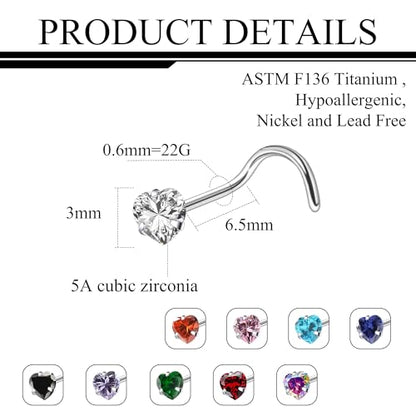 ASTM F136 Titanium Nose Rings 18G 20G 22G Mix Color Heart Cubic Zirconia Nose Studs Ring Screw L-Shaped Bone Hypoallergenic Body Piercing Jewelry for Women 3mm 10PCS - style: Screw:22G(0.6mm)