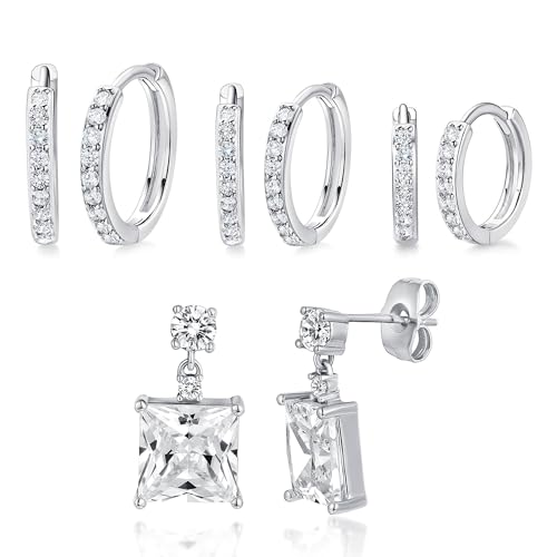 White Gold Earrings for Women Men Hoop and Stud Earring Set | Hypoallergenic 14K White Gold Plated Hoops Huggie Stud Earrings Set Round Cubic Zirconia Ear Jewelry - style: A6-White Gold-Hoop&Square Dangle Stud (4 Pairs)