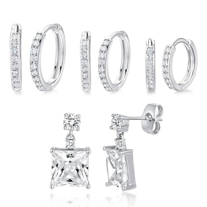 White Gold Earrings for Women Men Hoop and Stud Earring Set | Hypoallergenic 14K White Gold Plated Hoops Huggie Stud Earrings Set Round Cubic Zirconia Ear Jewelry - style: A6-White Gold-Hoop&Square Dangle Stud (4 Pairs)