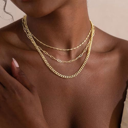 Turandoss Layered Necklaces for Women, 14K Gold Plated Chain Necklace Stack | Non Tarnish Gold Necklaces for Women, Toggle Clasp Herringbone Rope Satellite Cuban Link Chain Necklace, Trendy Jewelry Gifts - color: paperclip+cuban link+twist