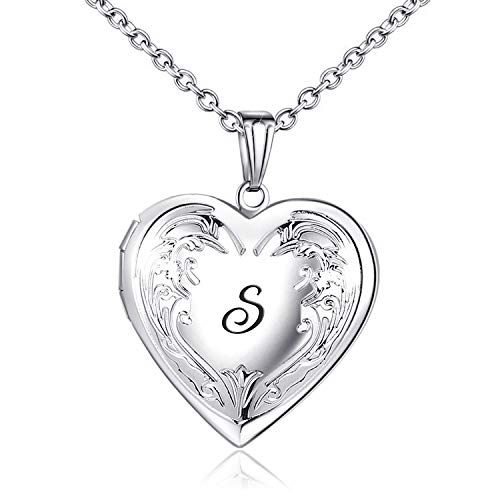 YOUFENG Locket Necklace that Holds Pictures Initial Alphabet A-Z Letter Pendant Necklace Platinum Plated Gifts for Women - style: S