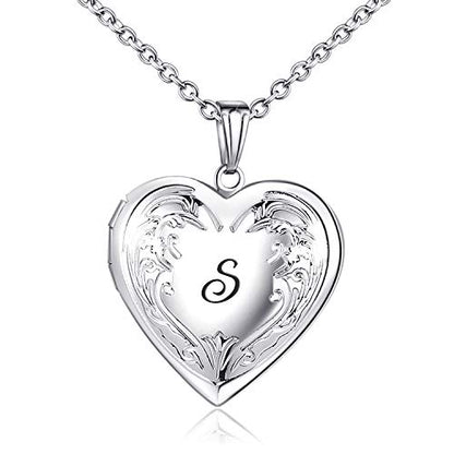 YOUFENG Locket Necklace that Holds Pictures Initial Alphabet A-Z Letter Pendant Necklace Platinum Plated Gifts for Women - style: S
