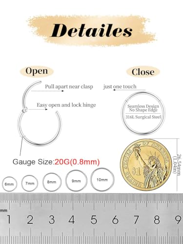 AMASIS Nose Rings and Nose Studs Set, Stainless Steel Hinged Nose Hoops and CZ Studs, Select Sizes and Styles for Nostril Septum Cartilage Piercing Jewelry - color: Silver, size: 2-Piece Hoops,20Gauge,8mm