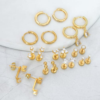 Stainless Steel Stud Earrings Set for Women Hypoallergenic Flat Back Cartilage Earrings Screw Back Huggie Hoop Earrings Multiple Piercing Cubic Zirconia Helix Tragus Jewelry - color: Set-F-14K Gold Plated