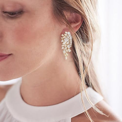 Crysdue Simulated Pearl Earrings for Women, Dainty Silver/Gold/Rose Gold Plated Cubic Zirconia Drop Dangle Earrings Wedding Jewelry for Bride Bridesmaid - style: J_Gold