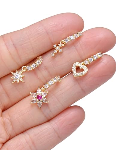 Akeoqi 12Pcs Nose Ring Hoop Cartilage Earring Cute Leaf Star CZ Butterfly Paved Nose Piercing Jewelry for Women men Silver Gold Plated 20G - color: C:Gold Drop