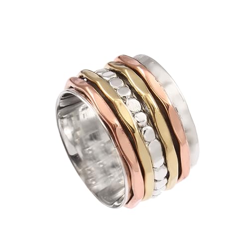 Solid 925 Sterling Silver Hammered Band Spinner Ring For Women Handmade Three Tone Fidget Anxiety Meditation Women Ring - size: 11.5
