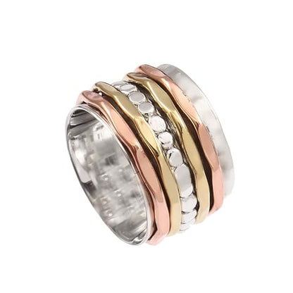 Solid 925 Sterling Silver Hammered Band Spinner Ring For Women Handmade Three Tone Fidget Anxiety Meditation Women Ring - size: 6