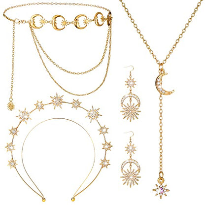 Glenmal 4 Pieces Celestial Jewelry Moon Stars Crown Necklaces and Body Chain Headband Drop Earrings for Women - color: Gold