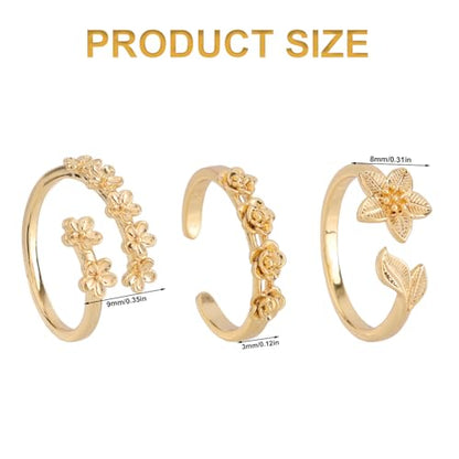 Mikovivi 3 Pcs Flower Toe Rings for Women, Gold-Tone Open Adjustable Band Toe Rings Set Bohemian Summer Beach Foot Jewelry Accessories