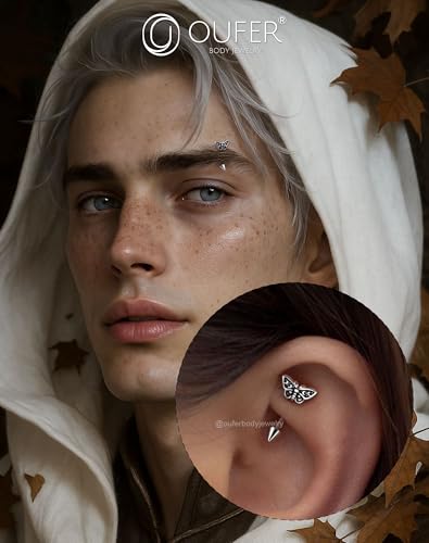 OUFER Halloween Moth Rook Eyebrow Piercing Jewelry, 316L Surgical Steel Rook Earrings for Women Men, Spooky Eyebrow Rings, 16G Curved Barbells, Halloween Body Piercing Jewelry-8mm