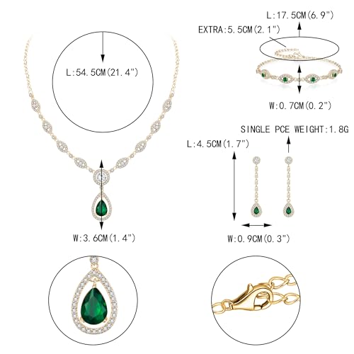 EVER FAITH Bridal Jewelry Set for Women, Stunning Teardrop Cubic Zirconia Birthstone Necklace Bracelet Earrings Sets Gift for Mothers Day/Valentines/Birthday/Christmas - color: Green Gold-Plated-Brass