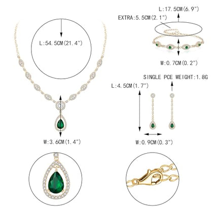 EVER FAITH Bridal Jewelry Set for Women, Stunning Teardrop Cubic Zirconia Birthstone Necklace Bracelet Earrings Sets Gift for Mothers Day/Valentines/Birthday/Christmas - color: Green Gold-Plated-Brass