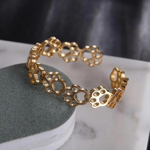 Fashionable and Cute Hollow Cat Claw Footprint Stainless Steel Open Ring Female Creative Couple Ring Animal Jewelry - color: golden