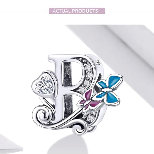 S925 Silver Butterfly Initial Letter Charms Fit for Pandora Charms Bracelets and Necklace Alphabet Bead Charms Jewelry Gifts for Women - color: B