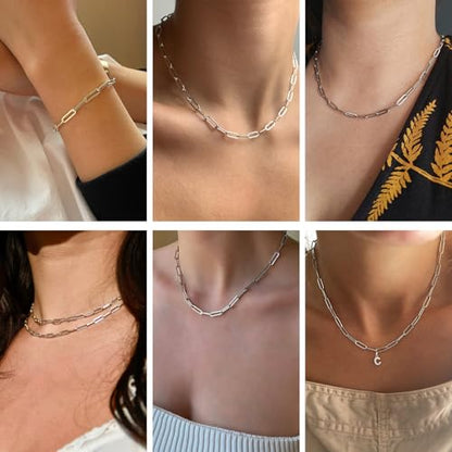 YOUBEIYEE 10 Pack Stainless Steel Paperclip Necklace Chains Bulk | Classic Men and Women Paperclip Chain Necklace Set - color: Steel Color, size: 16inch (4x12mm)