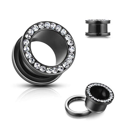 WBRWP 2pcs Hollow Gold Stainless Steel with Zircon Ear Plugs Tunnels - Ear Expander - Ear Gauges Stretcher Body Piercing Jewelry 8g-5/8 - color: Black with clear CZ