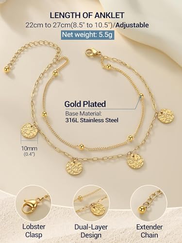 PROSTEEL Anklets for Women Waterproof, Silver/Gold/Black, Stainless Steel | Layered Anklets, Stainless Steel, Durable& No Tarnish, Summer Beach Jewelry, with Gift Box, 8-10.5" Adjustable, Plus Size - color: Gold, size: Ball Station & Paperclip