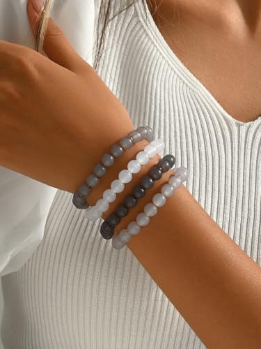 4Pcs Natural Stone Beaded Bracelet Set Women Stretch Crystal Beads Stack | Smooth round polished beads; neutral gray & white tone palette; durable stretch cord fits most wrist sizes comfortably.