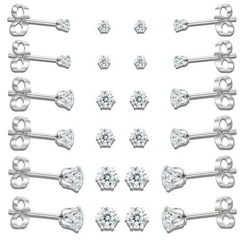 10 Pairs Small Stud Earrings for Women – Hypoallergenic Stainless Steel Tiny Earrings for Sensitive Ears, Cubic Zirconia Simulated Diamond Stud Earrings - style: 2/3/4mm-12 pairs-silver