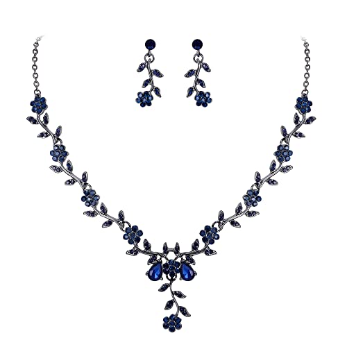Women's Wedding Jewelry Set for Bride,Prom Bridal Accessories | Bling Crystal,Flower Leaf Cluster,Dangle Earrings Pendant Necklace Set,for Bridesmaid,Party Jewellery - color: 12-Sapphire Color Black-Tone