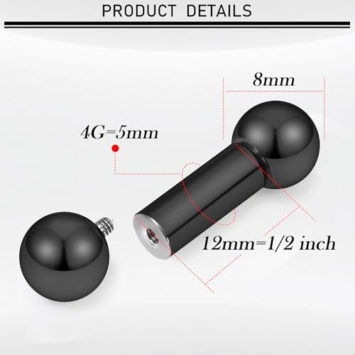 16G-00G Tongue Rings Nipple Piercings Internally Threaded Straight Barbell 316L Surgical Steel Body Piercing Jewelry for Women Men Black silver 12mm 14mm 16mm 19mm Bars Length - color: Black, size: 4G(5mm)-12mm barbells-8mm Balls