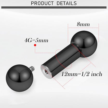 16G-00G Tongue Rings Nipple Piercings Internally Threaded Straight Barbell 316L Surgical Steel Body Piercing Jewelry for Women Men Black silver 12mm 14mm 16mm 19mm Bars Length - color: Black, size: 4G(5mm)-12mm barbells-8mm Balls