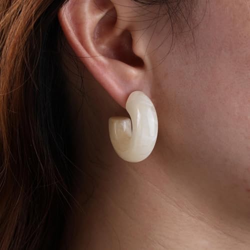 Chunky Acrylic Hoop Earrings White Resin Open Circle Hoop Earrings Round Pearl Studs Thick Acrylic C Shape Earring Pearl Front Back Earring Jewelry for Women - color: White