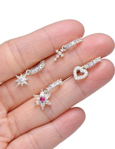 Akeoqi 12Pcs Nose Ring Hoop Cartilage Earring Cute Leaf Star CZ Butterfly Paved Nose Piercing Jewelry for Women men Silver Gold Plated 20G - color: D:Silver Drop