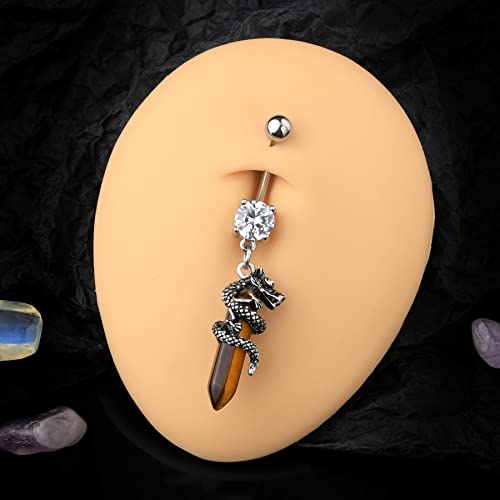 Halloween Belly Button Ring 14G Dragon Dangle Belly Ring Burn Silver Navel Piercing Jewelry Purple Belly Button Piercing - color: Tiger-Eye